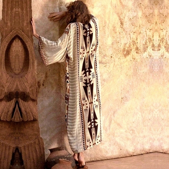 Boutique Dresses & Skirts - NEW Boho Southwestern Kimono Duster Maxi Cardigan Tribal Tan Black